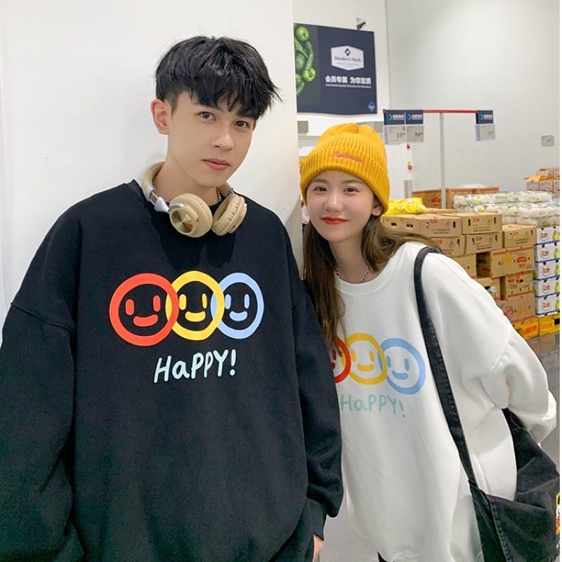 CREWNECK COUPLE UNISEX HAPPY EMOT /// ATASAN COUPLE FLEECE TEBAL KEKINIAN TERBARU''