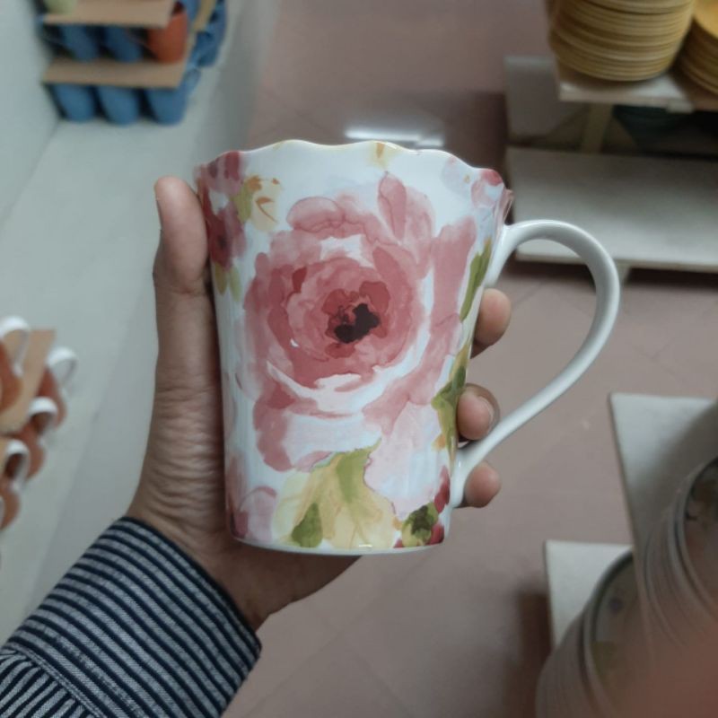 SHABBY MUG GELAS KERAMIK SANGO MOTIF BUNGA PASTEL PINK KOLEKSI DEKOR CANTIK KLASIK ANTIK DEKOR