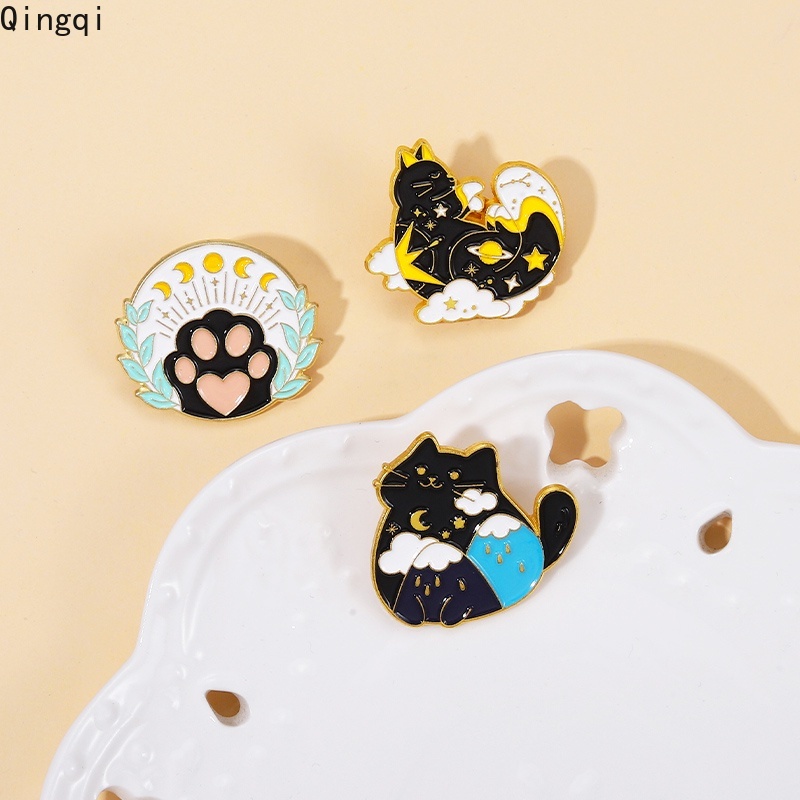 Bros Pin Enamel Bentuk Kartun Kucing Bulan Bintang Untuk Hadiah Anak