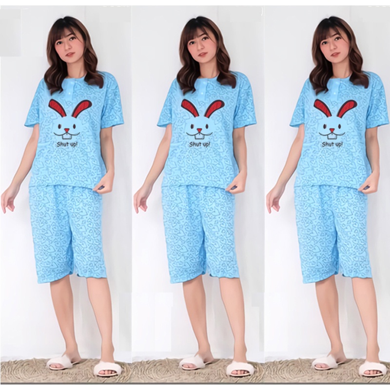 Lilipop.id  Baju Tidur Wanita 3/4 All Size Standar Shut Up Setelan Piyama BabyDoll Kaos Celana Pendek