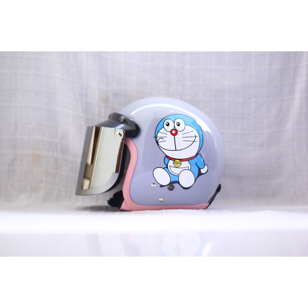 HELM BOGO CAMELIA PASTEL DORAEMON DEWASA KACA DATAR SILVER-purple