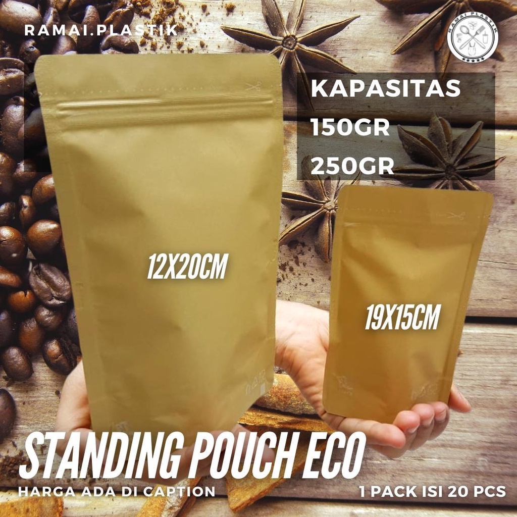 

Klip Standing Pouch Eco Kraft 150gr & 250gr isi 20pcs