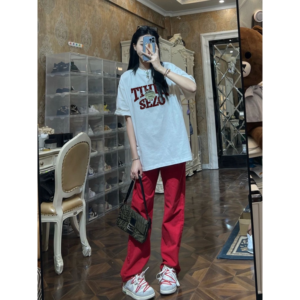 EUNII T-shirt Lengan Pendek Retro Pencetakan Longgar Korean Style/Kaos Atasan Wanita/Baju Kaus Oversize Wanita