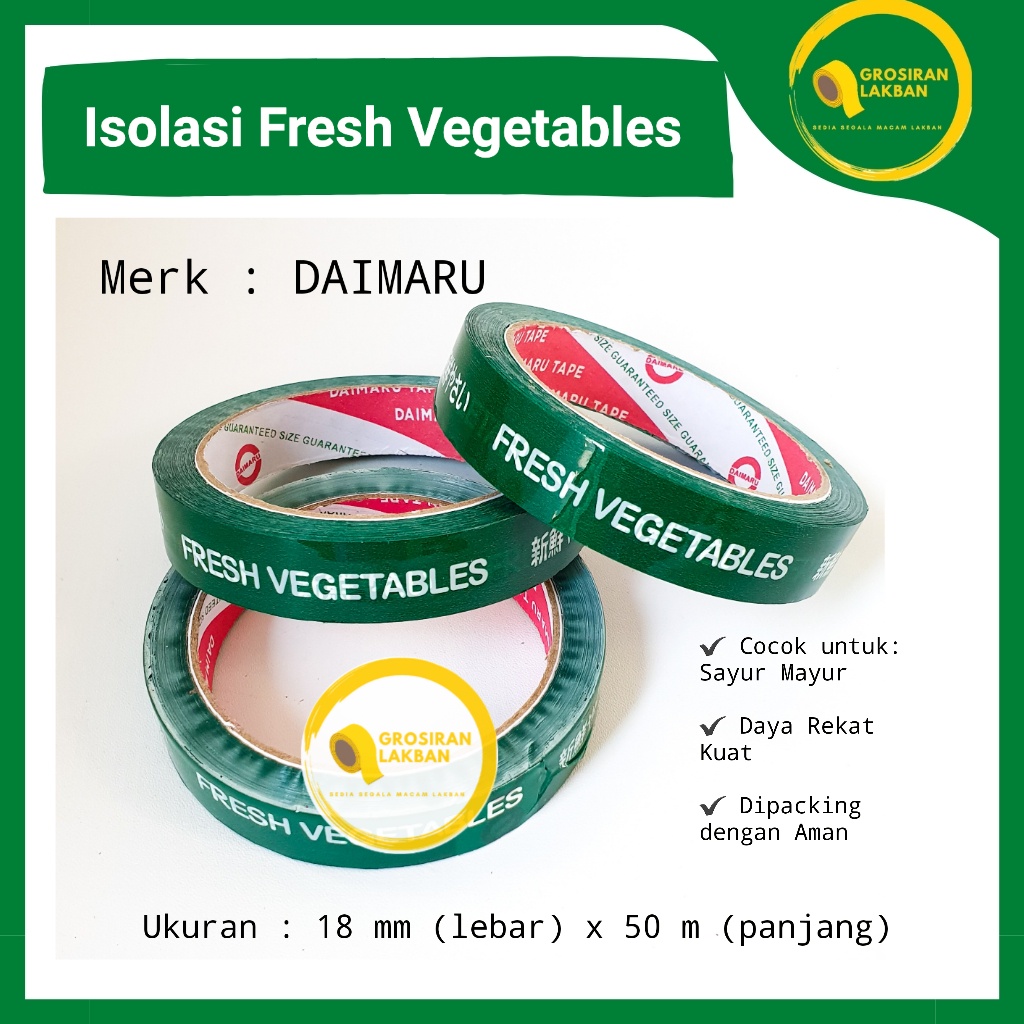 

Lakban Isolasi FRESH VEGETABLES 18mm x 50m Daimaru Selotip Solasi Warna Hijau Sayur Hidroponik