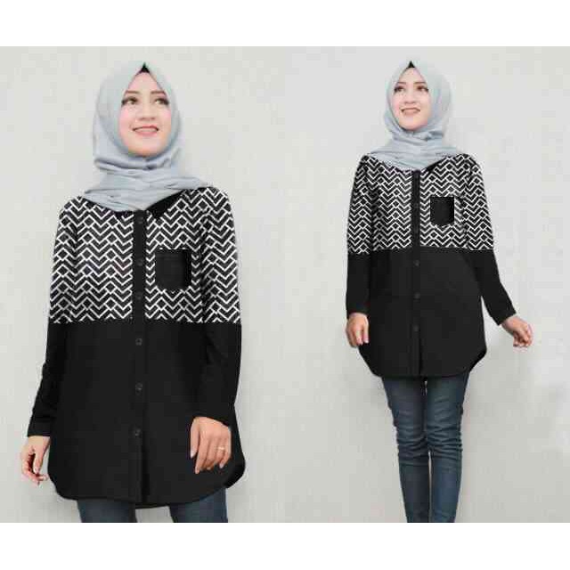(Promo) Set Syari Putih Polos MAXMARA [Kemeja Tunik Zigzag Hitam LO] Kemeja Wanita KatunRayon Hitam