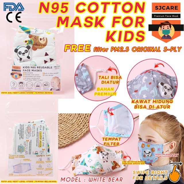 SJCare Masker Anak Premium Kids Katup Respirator FREE FILTER PM 2.5 -White Bear