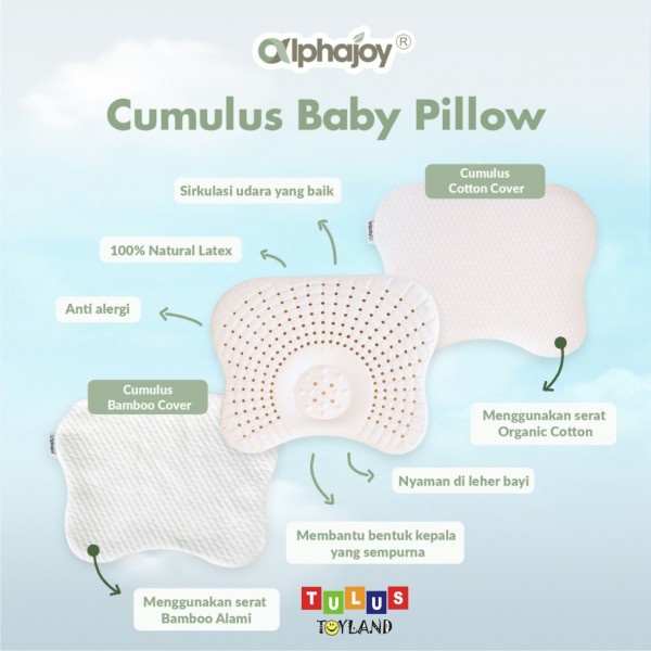 Alphajoy CUMULUS Baby Pillow 100% Natural Latex anti Flathead newborn bantal peyang lateks anti tungau pillowcase sarung bantal bamboo / organic cotton anti alergi