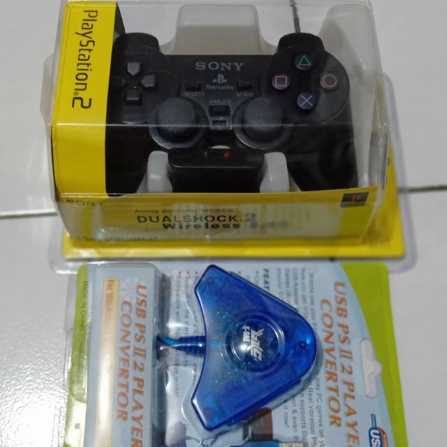 PAKET 1 STIK PS2 WIRELESS + CONVERTER BIRU