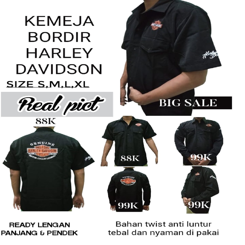 KEMEJA COWOK PAKAIAN PRIA BAJU ATASAN LAKI-LAKI MOTIF BORDIR HARLEY DAVIDSON WARNA HITAM LENGAN PANJ