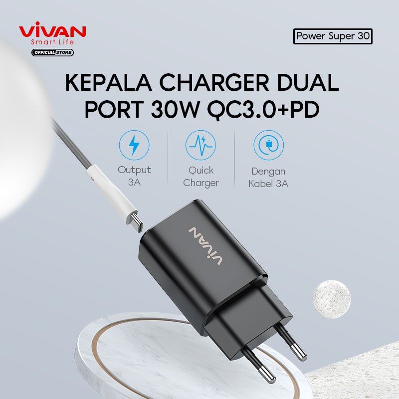 ADAPTOR CHARGER QUICK CHARGER QC 3.0 + PD 30W WITH KABEL TYPE C VIVAN POWER SUPER 30