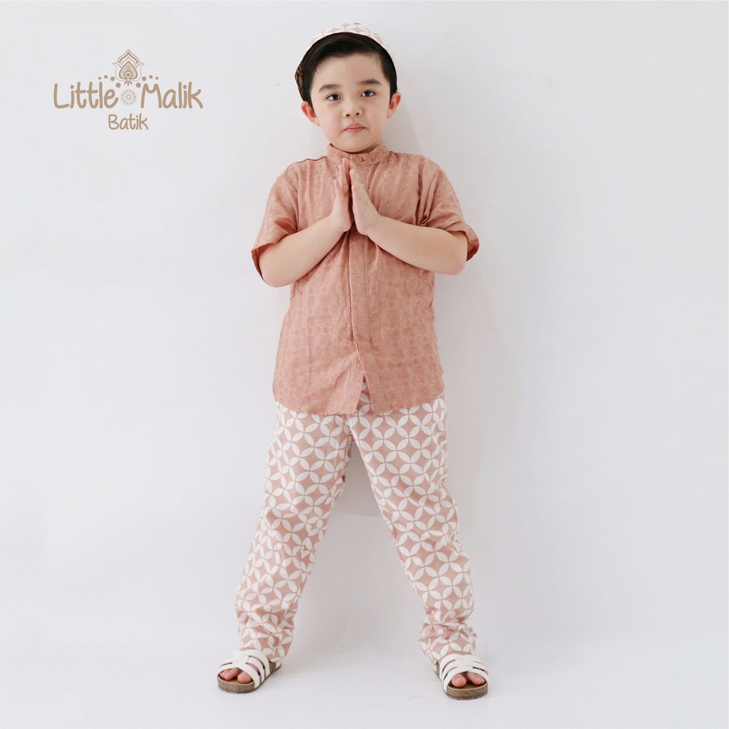 Setelan Kemeja Lengan Pendek Batik Koko Anak By Little Malik Batik, Garutan Dobby Coklat Cream