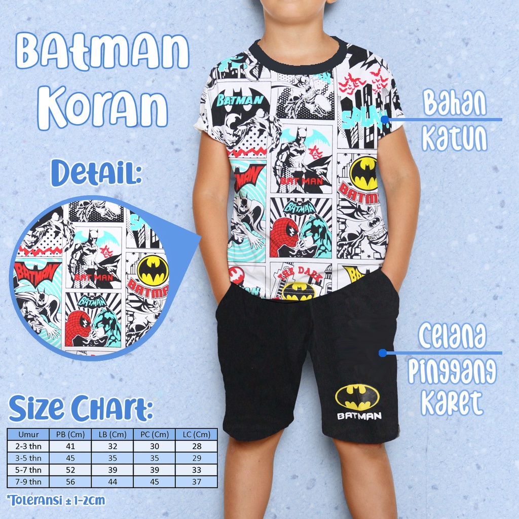 Setelan Anak Laki-Laki Hayami 2-9 Thn Superhero Batman Koran Bahan Katun Lengan Pendek