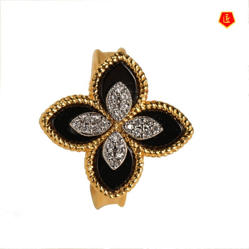 [Ready Stock]New 18K Gold Clover Ear Stud Black Agate Bracelet Necklace for Women