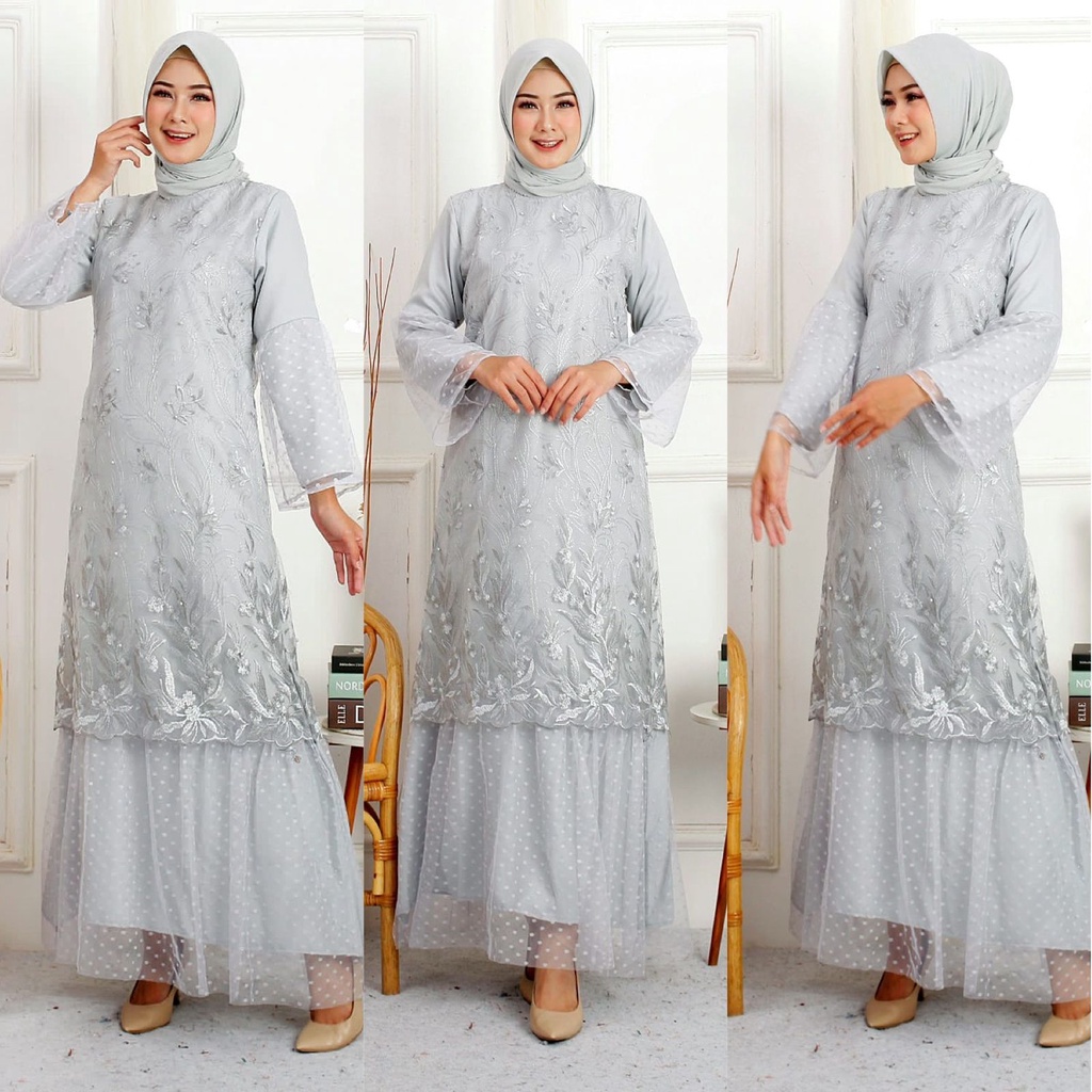 (FULL BRUKAT) Gamis Bilqis Brukat Tile Mix Tille Dotty Maxi Muslim Mewah Pesta Kondangan Murah