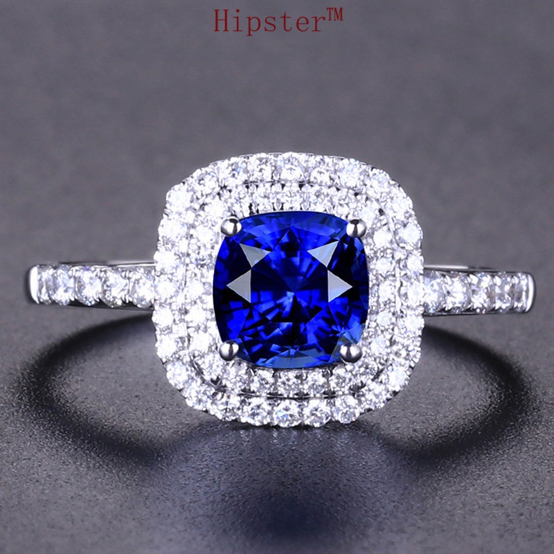 Hot Sale Classic Fashion Luxury Square Full Diamond Sapphire Adjustable Ring