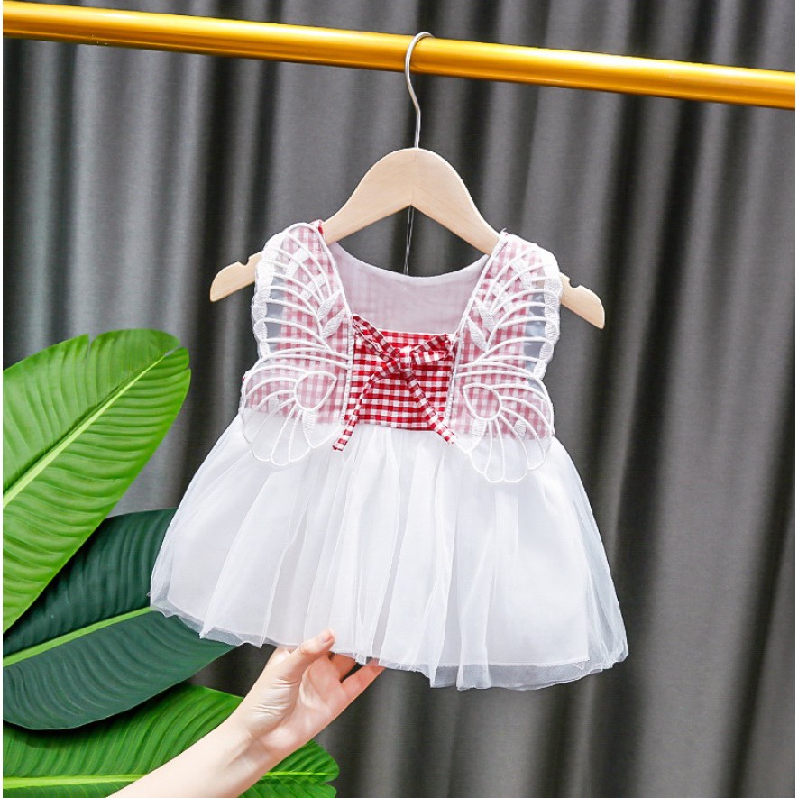 D015- Dress bayi /baju dress anak /pakaian bayi anak perempuan motif sayap kotak2 dengan bunga