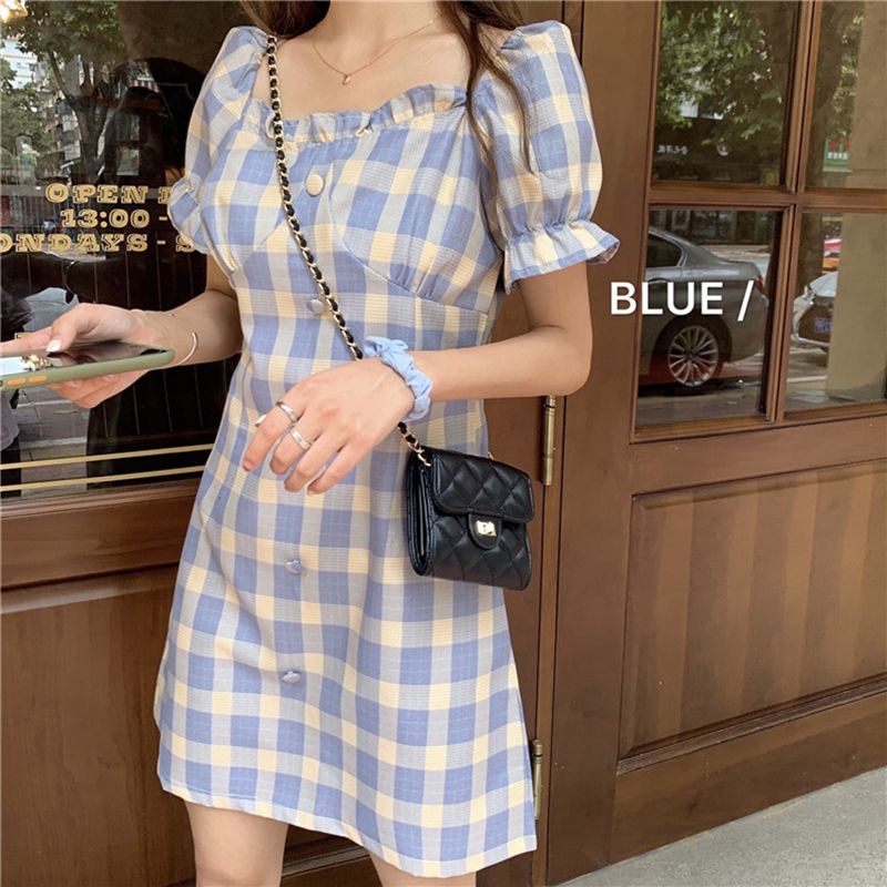 Dress A-Line Square Neck Lengan Puff Pendek Motif Kotak-Kotak Gaya Korea Untuk Wanita / Musim Panas