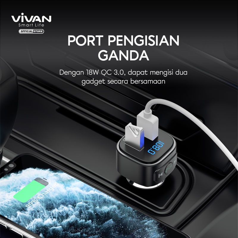 PLUG IN MOBIL VIVAN VBT01 Car Charger dan Bluetooth Transmintter Bluetooth 5.0 Dual Port 18W QC 3.0 Black-Garansi Resmi