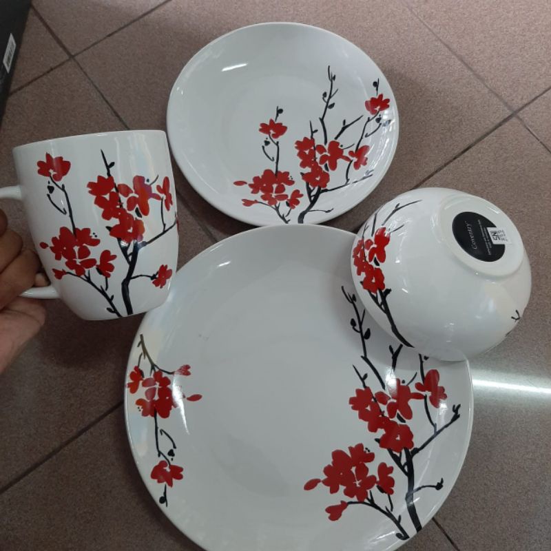 [SET ISI 16] SAKURA DINNER SET PIRING MANGKUK GELAS KERAMIK SANGO MOTIF BUNGA SAKURA JEPANG JAPAN HI