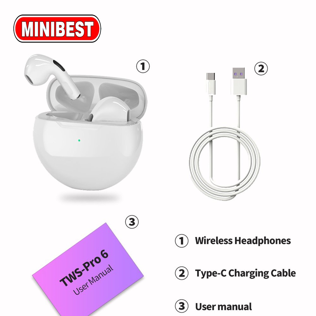 MB MINIBEST TWS Earphone Headset Bluetooth Pro 6 Wireless 5.0 Earbuds Bass Headset Sport