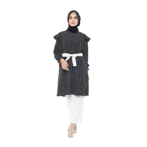 Tunik Atasan Muslim Wanita Almond Bahan Monalisa Warna Hitam Putih Ukuran M L XL