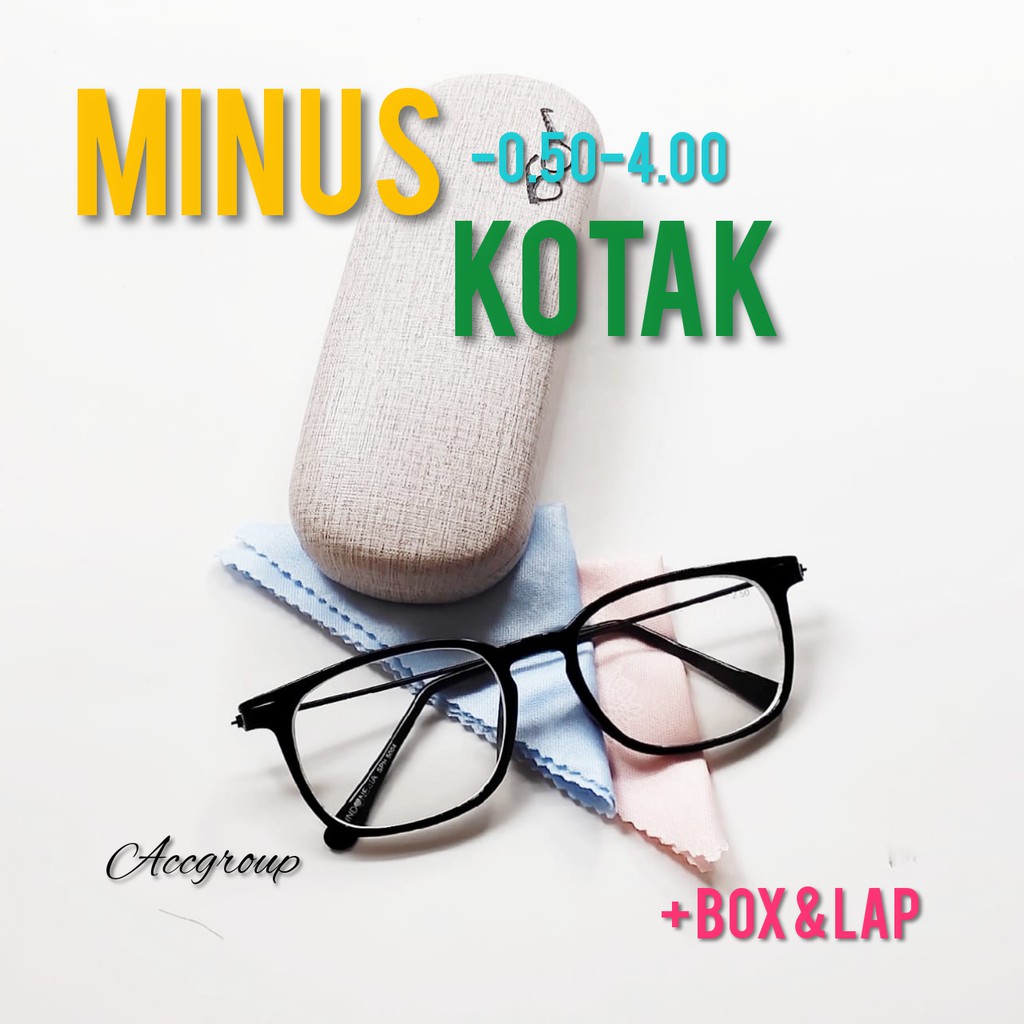 HOT KACAMATA MINUS LENSA KOTAK TANGKAI BESI FREE BOX DAN LAP UKURAN 0.50-4.00