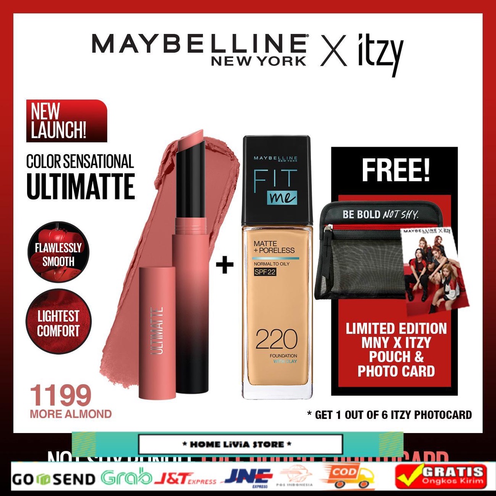 FREE ITZY POUCH  Maybelline Not Shy Set 2(CS Ultimatte Lipstik 1199+ Fit Me Foundation 220) -Makeup