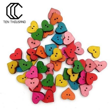 Kancing Kayu 2 Lubang - TEN THOUSAND Colorful Heart Shape (10pcs)