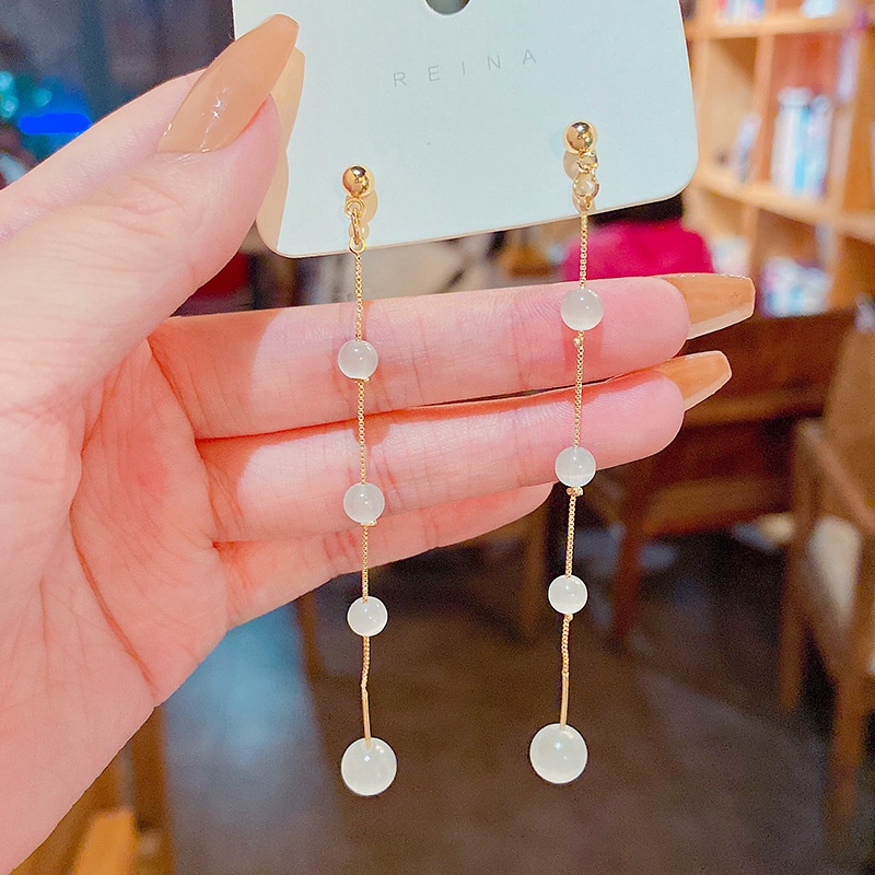 Anting Tusuk Gantung Panjang Bahan Sterling silver 925 Hias Opal Untuk Wanita