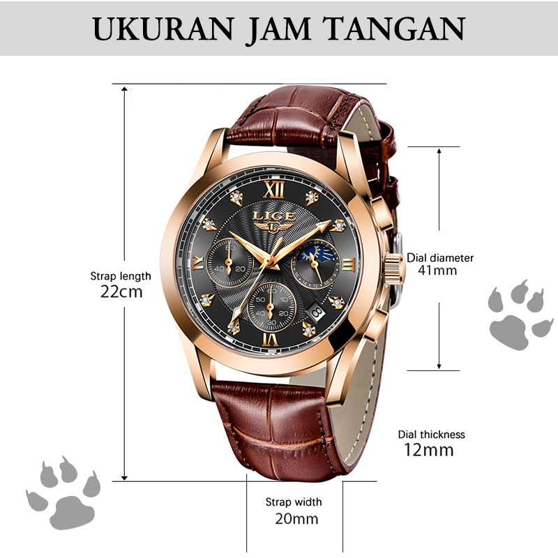 LIGE 8912 Original Anti Air Jam Tangan Pria 2022 Terbaru Tali kulit Kronograf Aktif Jam Tangan + Kotak