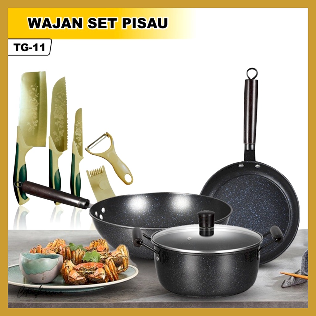 Panci Set Wajan Penggorengan Teflon Set isi 3 Pcs Panci Set Teflon Anti Lengket Serbaguna Free Pisau Set Cantik GOSHOP88