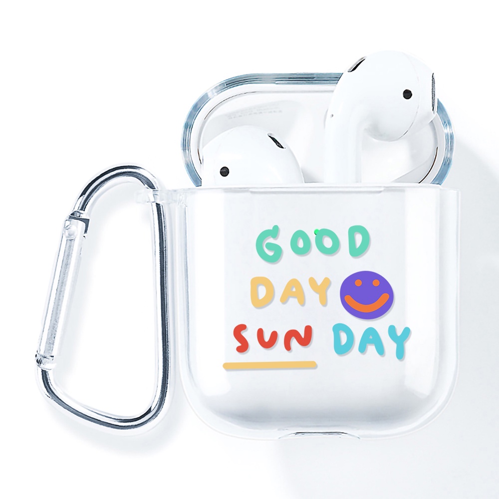 Simple AirPods 1/2 Case Anti-fall Silicone Soft Case Headset Protection Cover Cute Smile + Lanyar