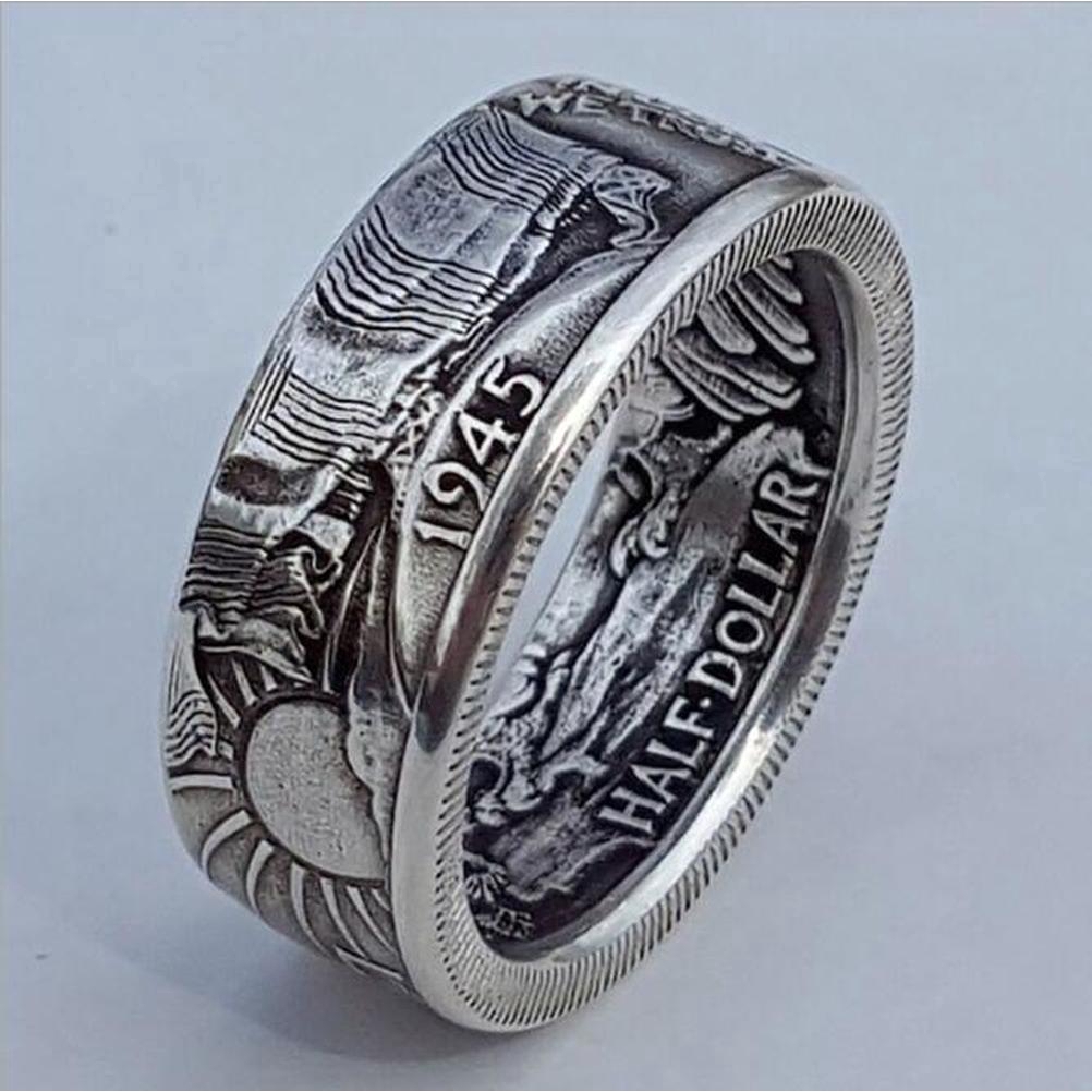 Cincin Perak Koin Setengah Dolar Gaya Vintage Fashion Baja Titanium Pria Wanita Band Rings