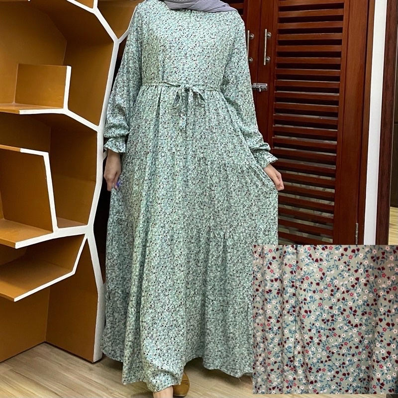 [SIZE STANDAR VOL 1] Floral dress maxi dress panjang gaun casual bunga wanita-Green apple 3ruffle