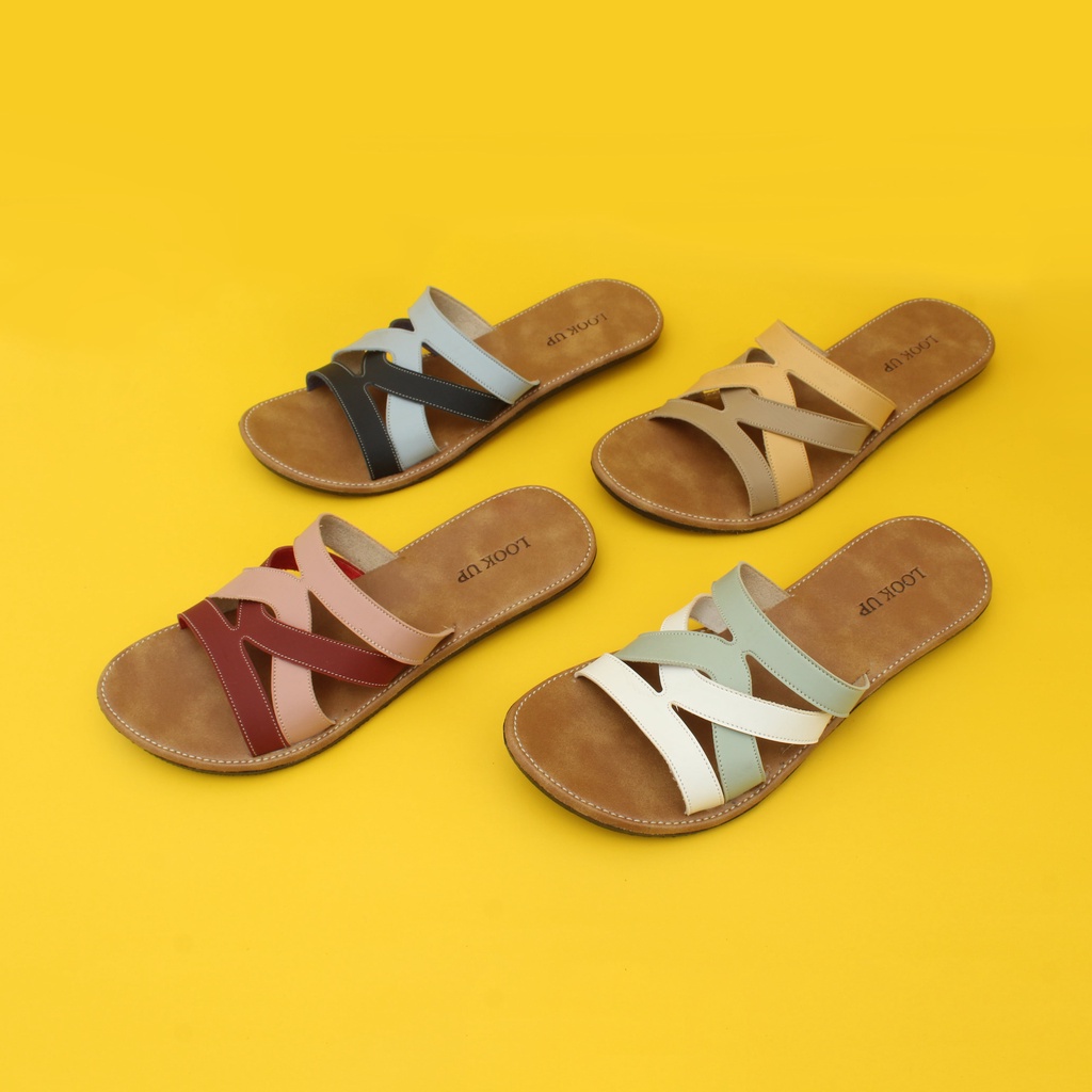 Sandal Kulit Wanita Sandal Kekinian Sandal Slop Slide Wanita Flat Motif Kombinasi Look Up - ZEHRA