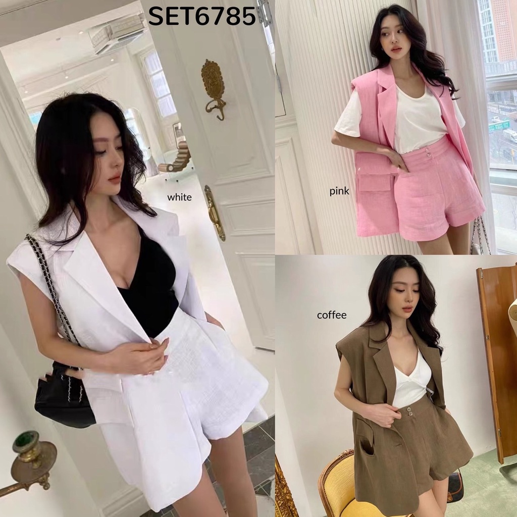 Image of SET6785 Dahyun Linen Sleeveless Blazer & Shorts Set #0