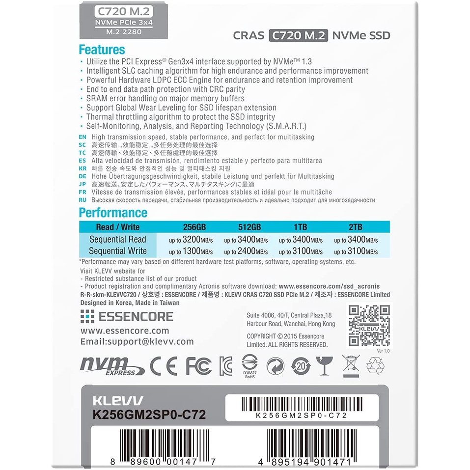 KLEVV SSD CRAS C720 M.2 2280 NVMe PCle Gen3 x4 256GB, 512GB, 1TB, 2TB