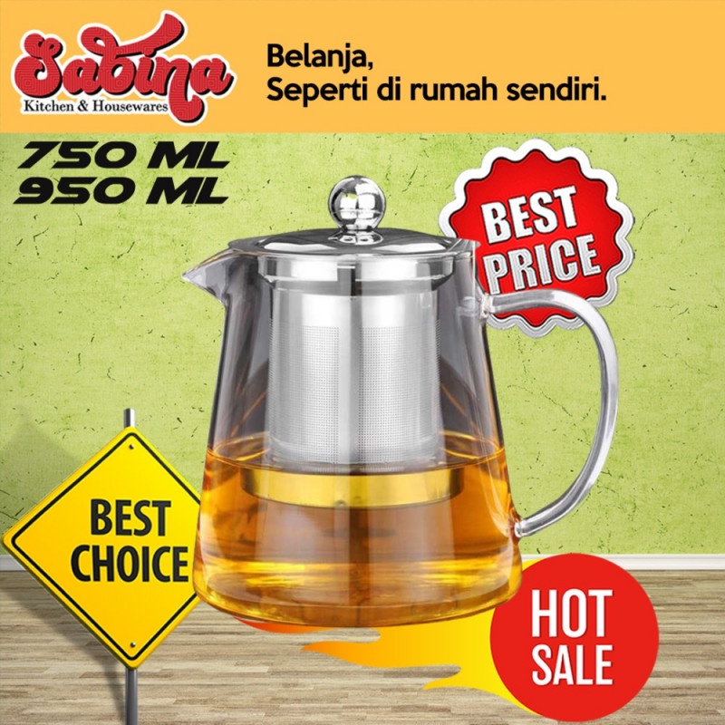 Teko Pitcher Teh 950ml Kaca Tahan Panas Saringan Glass Teapot Maker