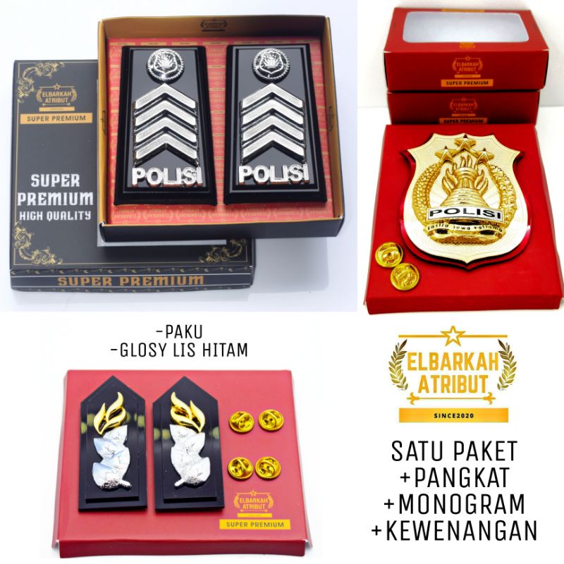 SATU PAKET HEMAT PANGKAT BRIPKA MONOGRAM KEWENANGAN POLRI / ATRIBUT POLRI / FULAKRILIK GLOSY PANGKAT POLISI BINTRARA