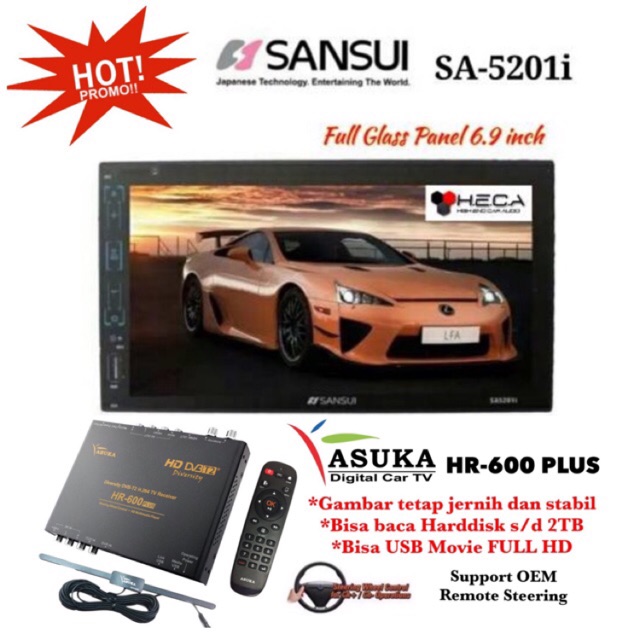 PAKET PROMO Sansui SA-5201i Head Unit Double din Tape Mobil & ASUKA HR-600 TV Tuner Digital