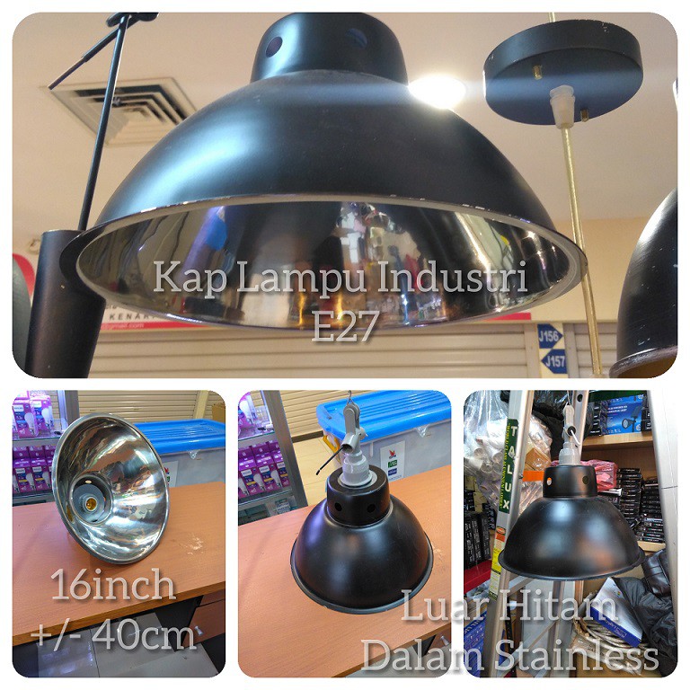 Kap Lampu Gantung Industri Hitam Stainless Fitting E27 