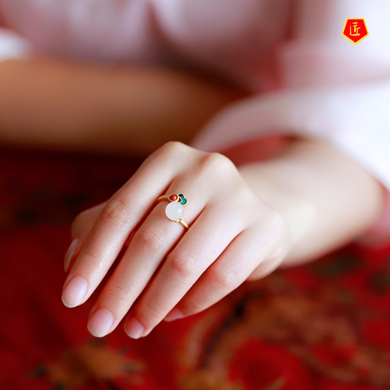 [Ready Stock]Women's 925 Silver Natural Hetian Jade Chinese Style Ring