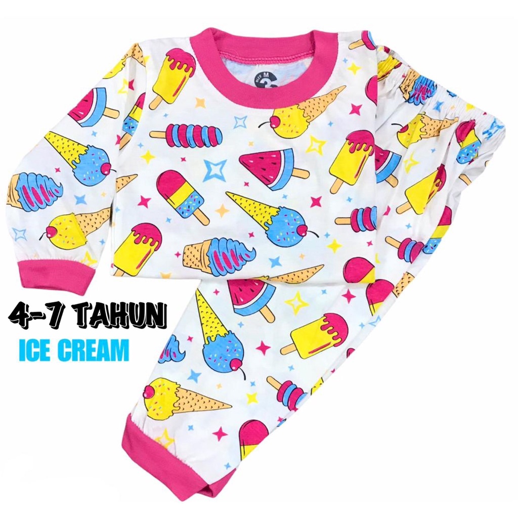 (1 KG MUAT 6 STEL) BAJU TIDUR ANAK KIDS PEREMPUAN/CEWEK SETELAN BAHAN KAOS KATUN 4-7 TAHUN ICE CREAM