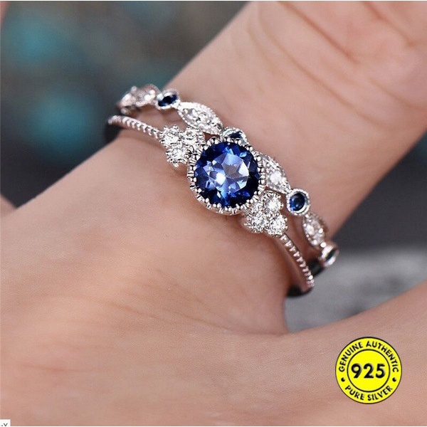 Cincin Sterling Silver 925 Bertatahkan Zamrud Zircon Sapphire