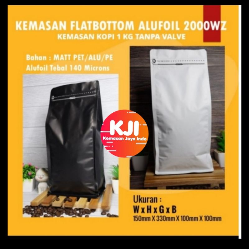 Kemasan Flat Bottom Import 1 kg zipper.kemasan kopi hitam putih.flat bottom.standing pouch