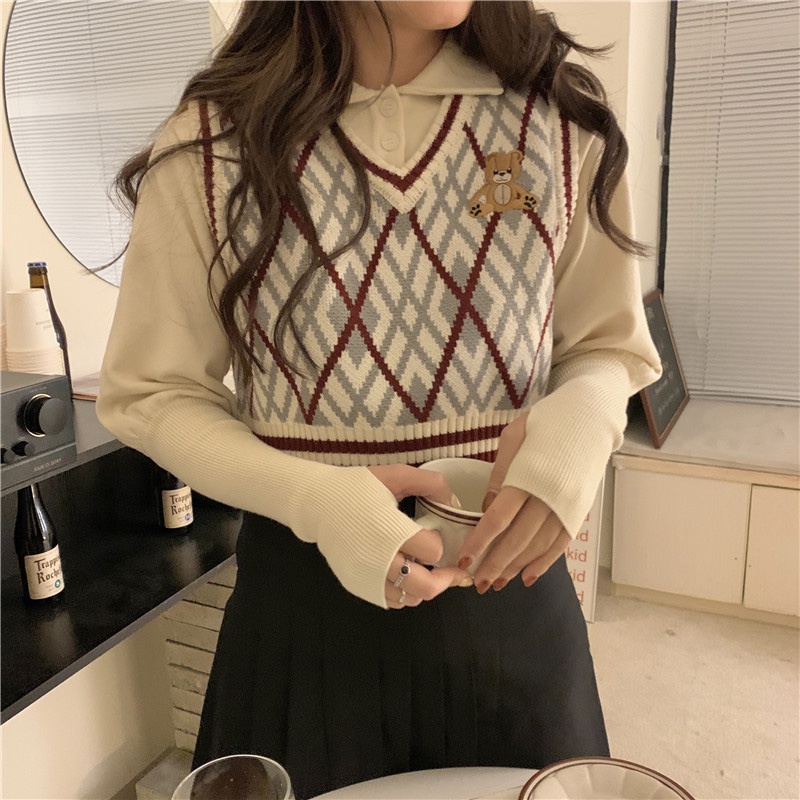 Baju Sweater Wanita Rompi Rajut Crop Top Knit Vest Korean Style