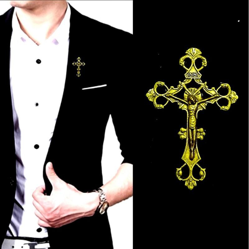 Metal Gold Relievo Cross Pin Bros Jas Kameja Tuxedo Salib Mens Pria
