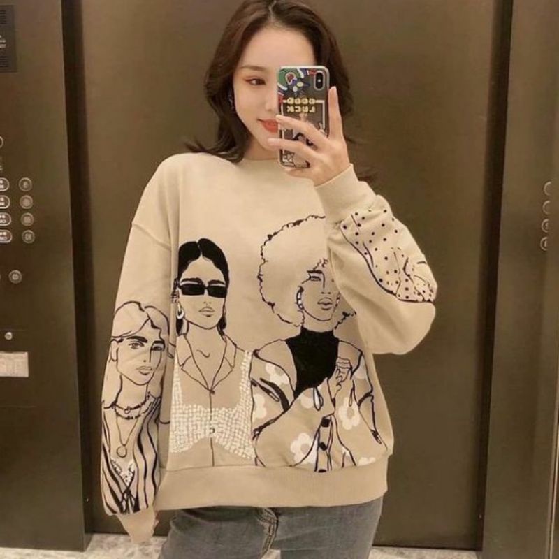 GIRL RETRO NUDE OVERSIZE CREWNECK SWEATER BAHAN BABYTERRY