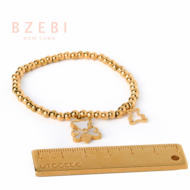 Bzebi Gelang Tangan Titanium Steel Lapis Emas 18k Aksen Manik-Manik + Liontin Beruang Untuk Wanita 971b