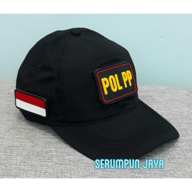 TOPI POL PP HITAM - TOPI POL PP 3PATCH VELCRO HITAM - TOPI SATPOL PP VECLRO HITAM + 3 PATCH